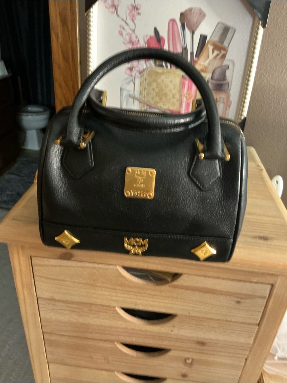 MCM München Black Leather Boston Satchel Gold Hardware - Picture 9 of 14